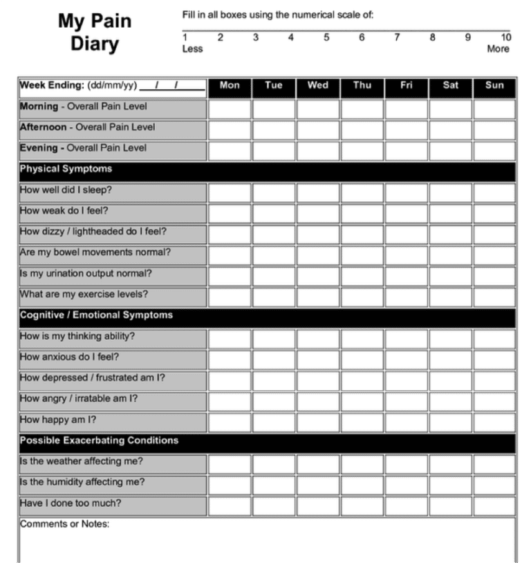 Pain Log for chronic illness and pain